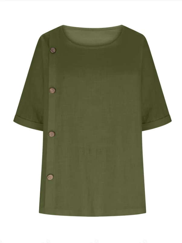 Women Plain Half Sleeve Blouse Summer Split Joint Crew Neck Daily Casual Top