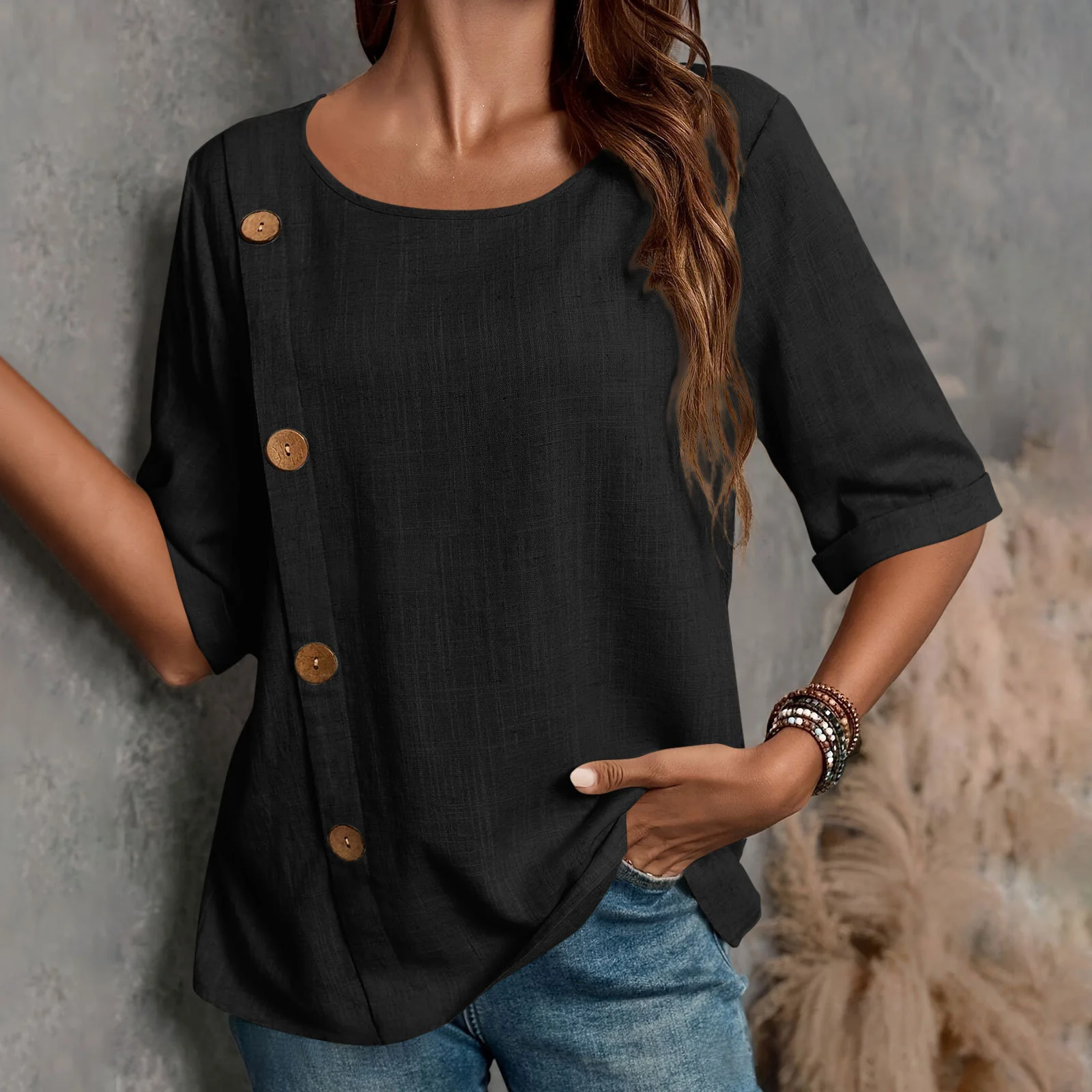 Women Plain Half Sleeve Blouse Summer Split Joint Crew Neck Daily Casual Top
