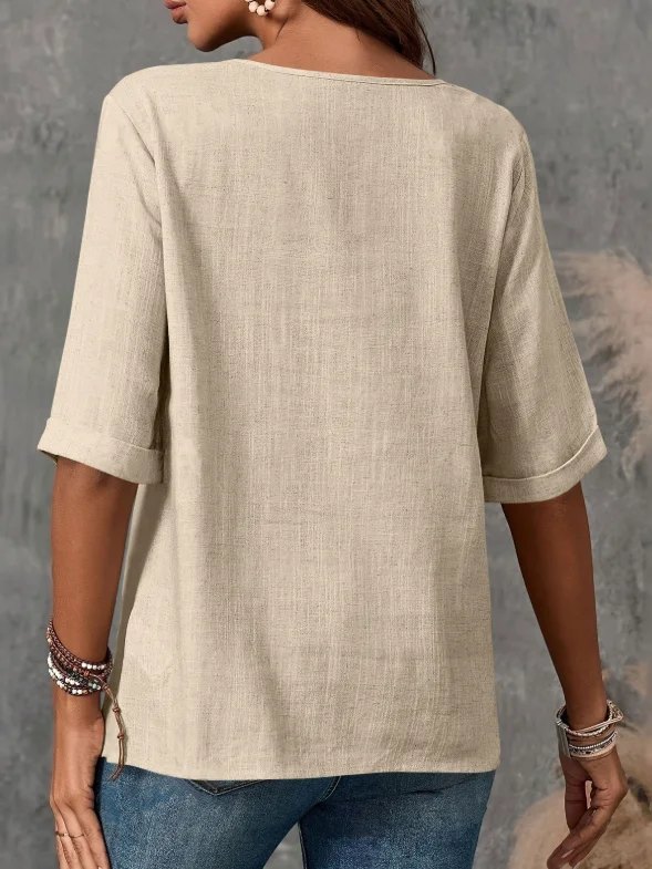 Women Plain Half Sleeve Blouse Summer Split Joint Crew Neck Daily Casual Top