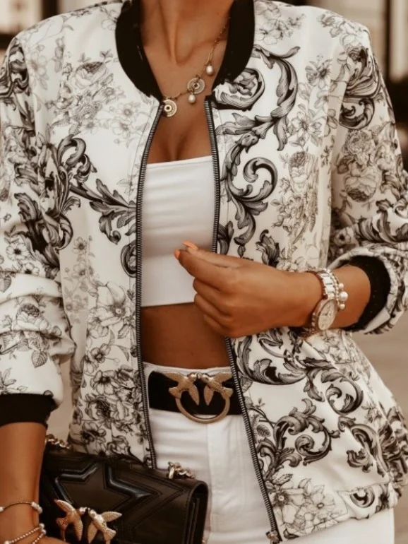 Women Spring/Fall Outerwear Vintage Printing Floral Long Sleeve Stand Collar Jacket