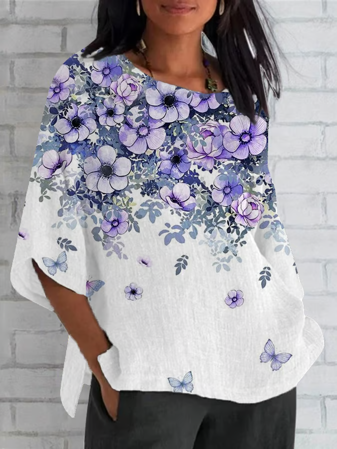 Women Floral Half Sleeve Tee T-shirt Crew Neck Casual Summer Top