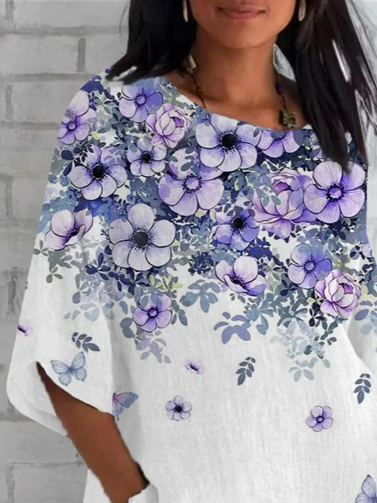 Women Floral Half Sleeve Tee T-shirt Crew Neck Casual Summer Top