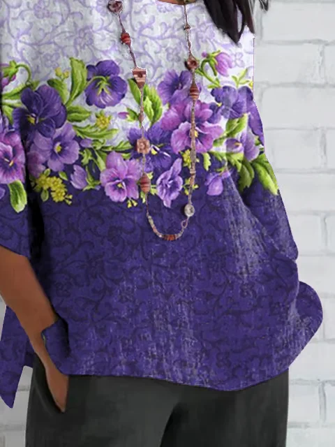 Women Floral Half Sleeve Tee T-shirt Crew Neck Casual Summer Top