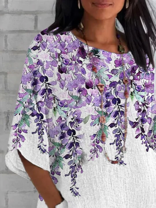 Women Floral Half Sleeve Tee T-shirt Crew Neck Casual Summer Top