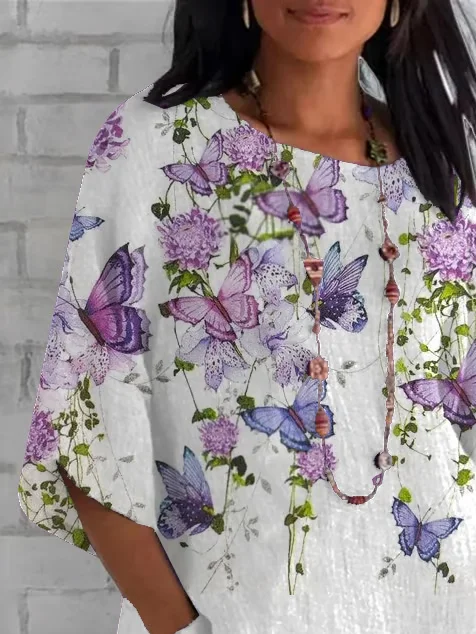 Women Floral Half Sleeve Tee T-shirt Crew Neck Casual Summer Top