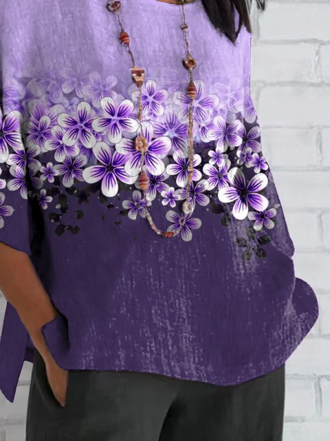Women Floral Half Sleeve Tee T-shirt Crew Neck Casual Summer Top