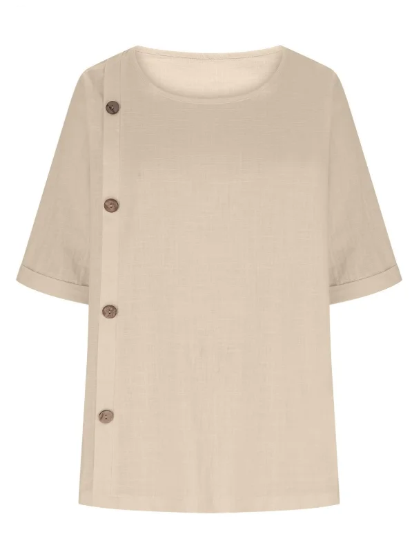Women Plain Half Sleeve Blouse Summer Split Joint Crew Neck Daily Casual Top