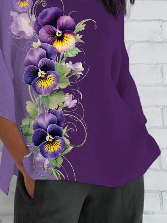 Women Floral Half Sleeve Tee T-shirt Crew Neck Casual Summer Top