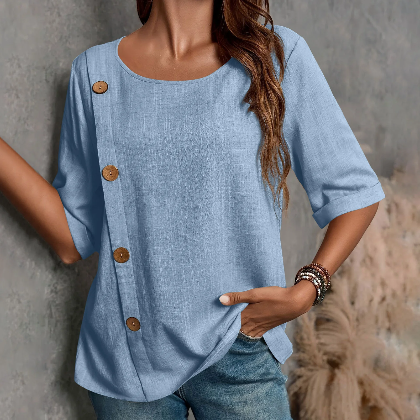 Women Plain Half Sleeve Blouse Summer Split Joint Crew Neck Daily Casual Top