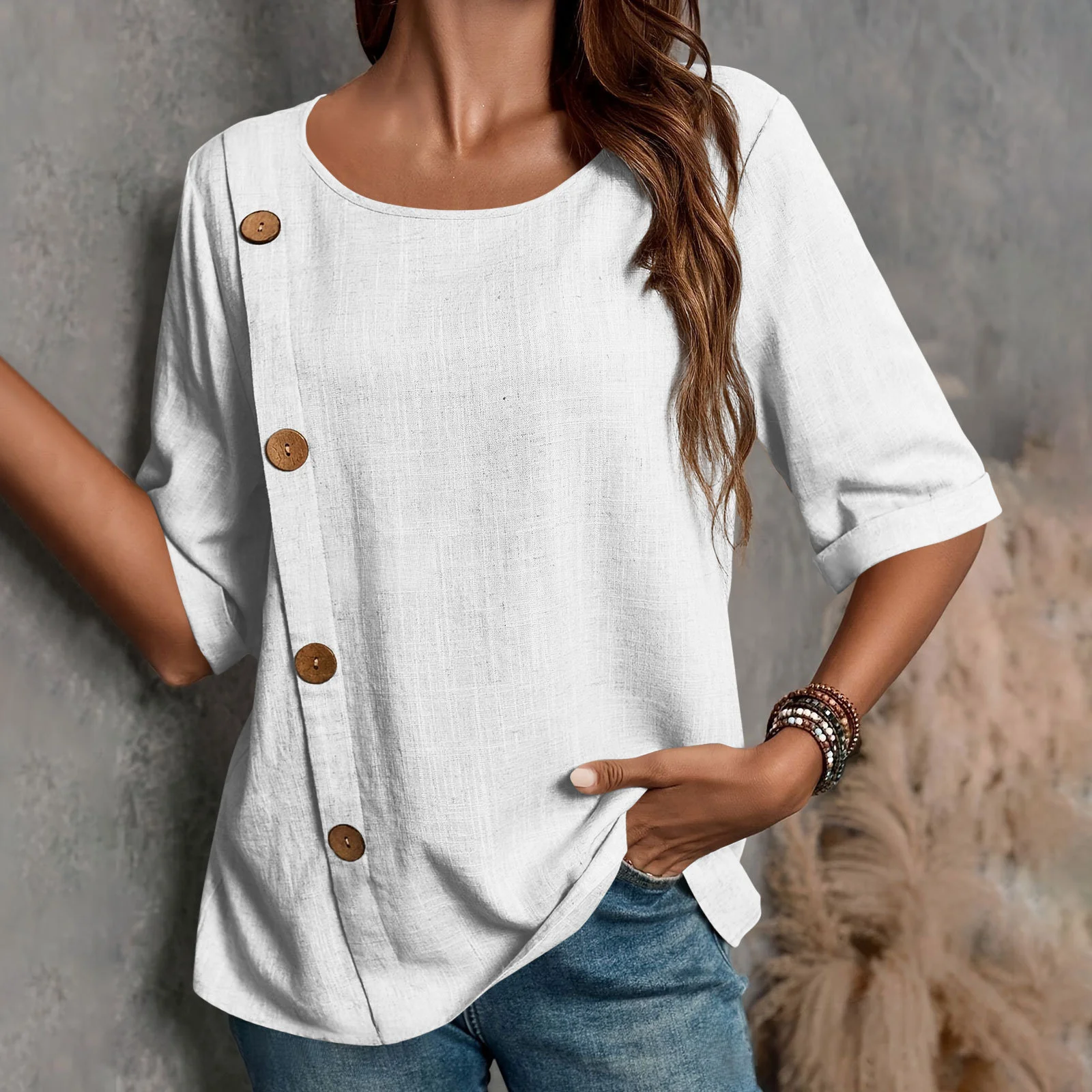 Women Plain Half Sleeve Blouse Summer Split Joint Crew Neck Daily Casual Top