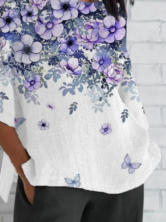 Women Floral Half Sleeve Tee T-shirt Crew Neck Casual Summer Top