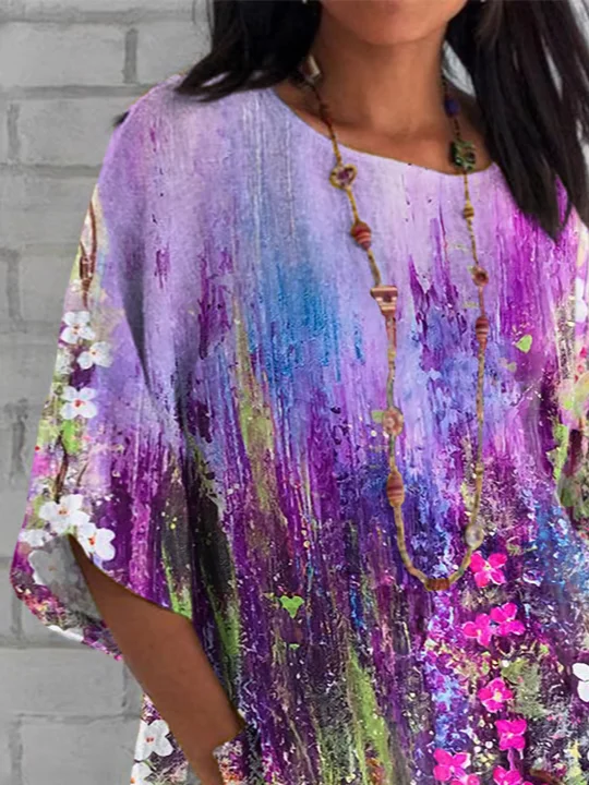 Women Floral Half Sleeve Tee T-shirt Crew Neck Casual Summer Top