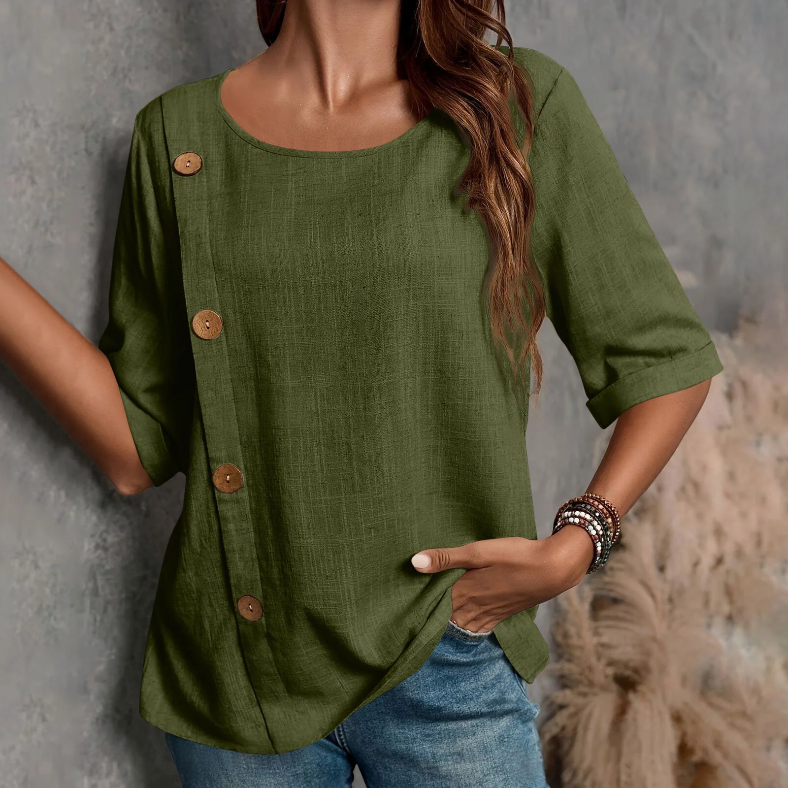 Women Plain Half Sleeve Blouse Summer Split Joint Crew Neck Daily Casual Top