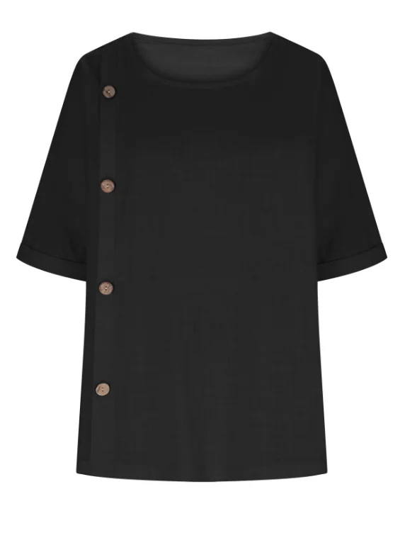 Women Plain Half Sleeve Blouse Summer Split Joint Crew Neck Daily Casual Top