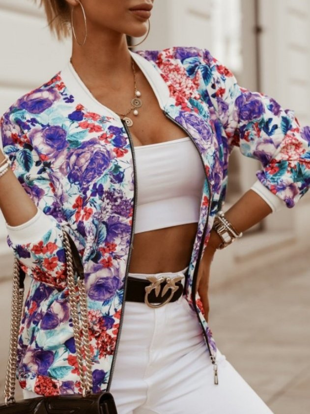 Women Spring/Fall Outerwear Vintage Printing Floral Long Sleeve Stand Collar Jacket