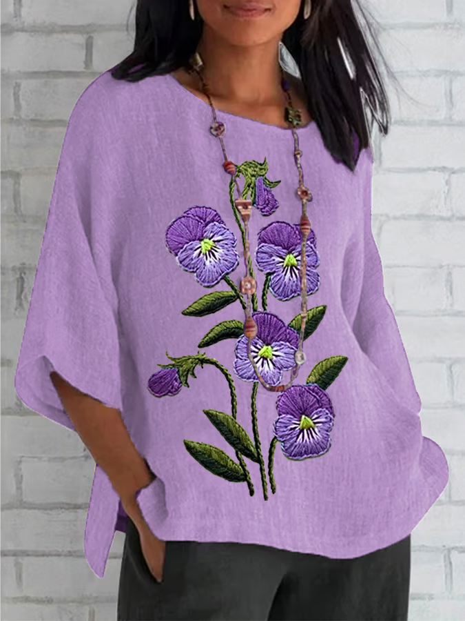 Women Floral Half Sleeve Tee T-shirt Crew Neck Casual Summer Top