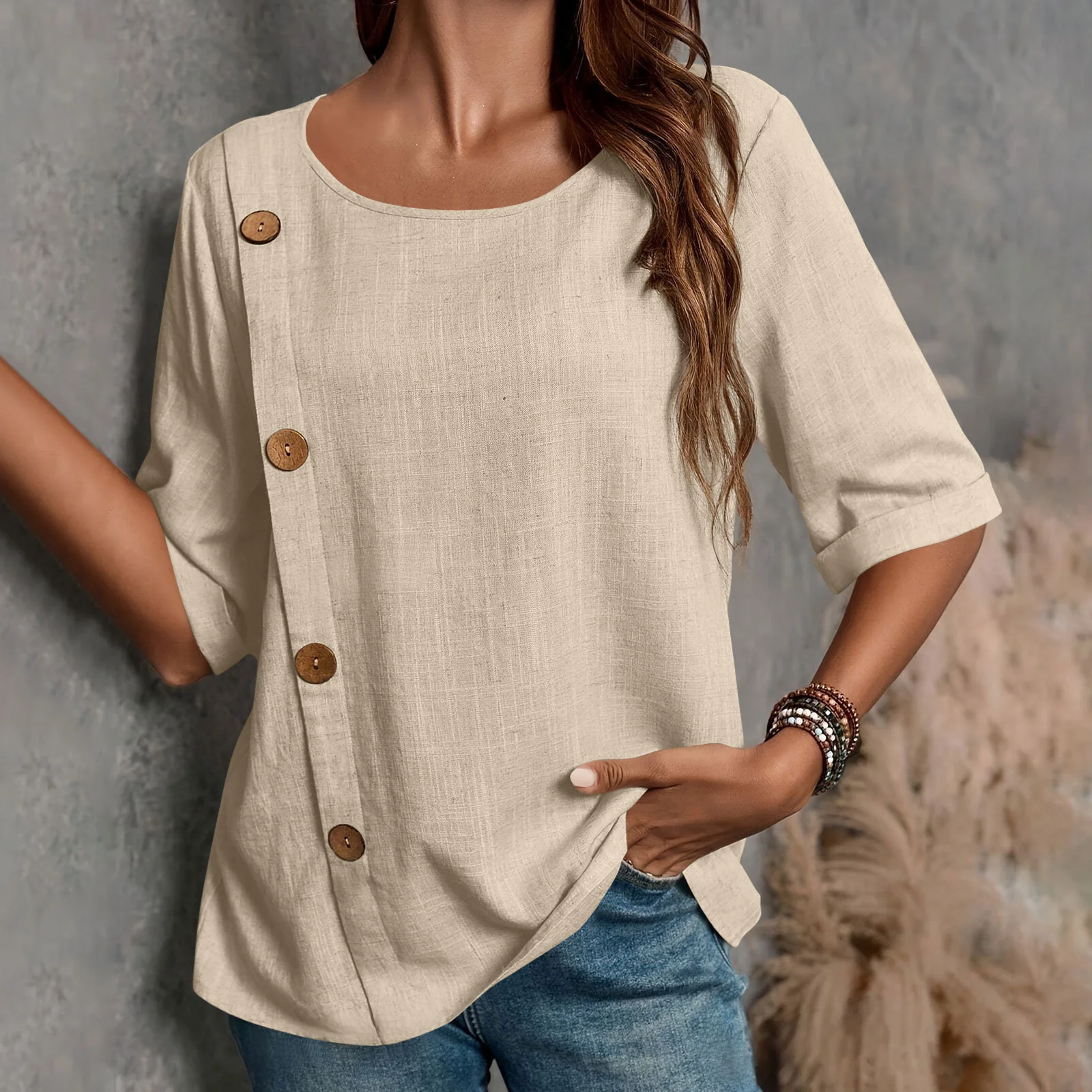 Women Plain Half Sleeve Blouse Summer Split Joint Crew Neck Daily Casual Top