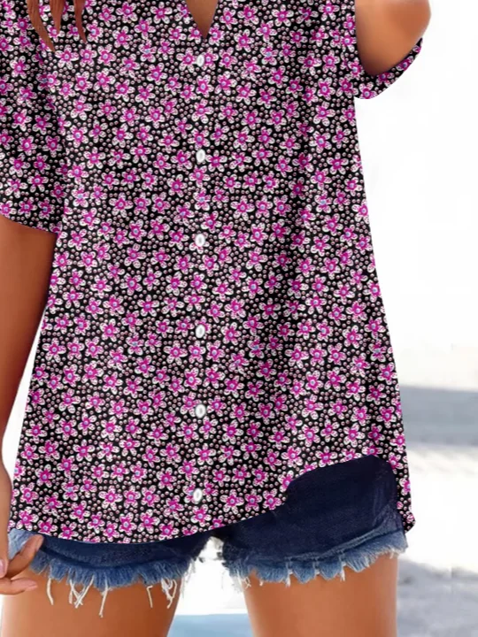 Women Floral Short Sleeve Shirt Summer Printing V Neck Daily Casual Top