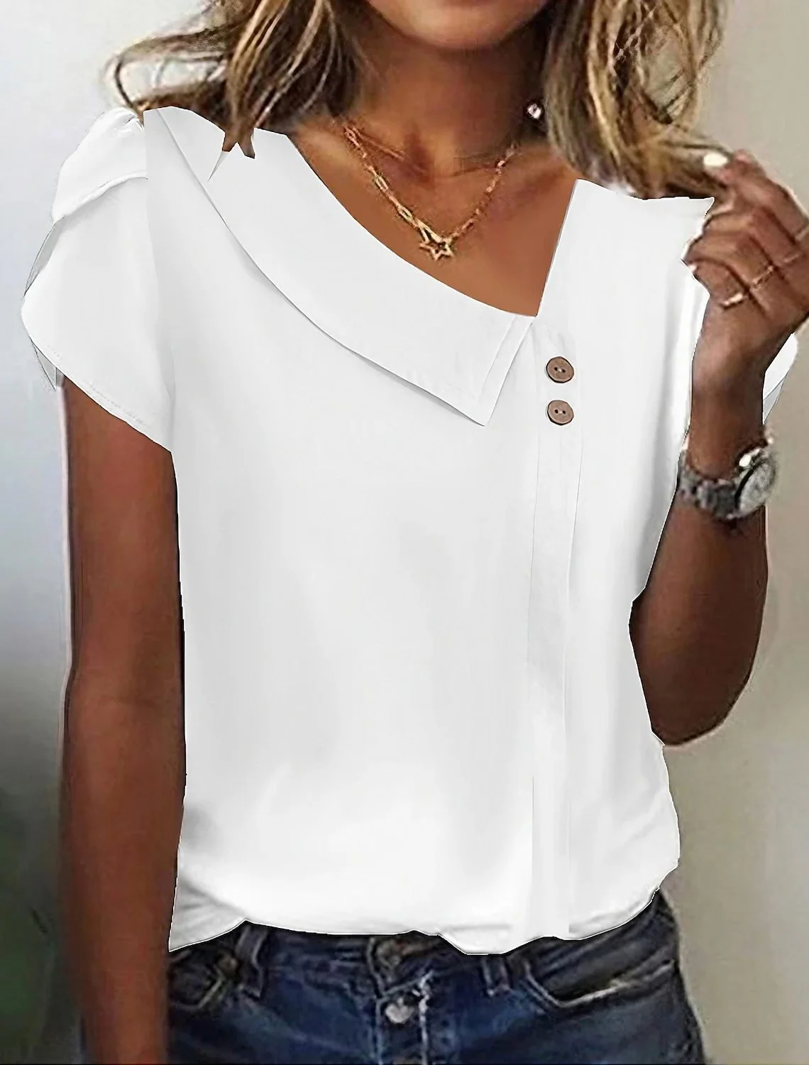 Women Striped Short Sleeve Tee T-shirt Asymmetrical Buckle Casual Summer Top