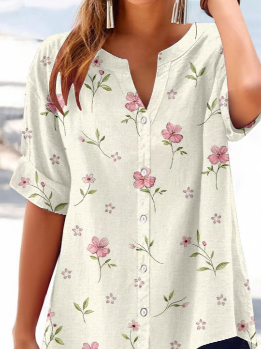 Women Floral Short Sleeve Shirt Summer Printing V Neck Daily Casual Top