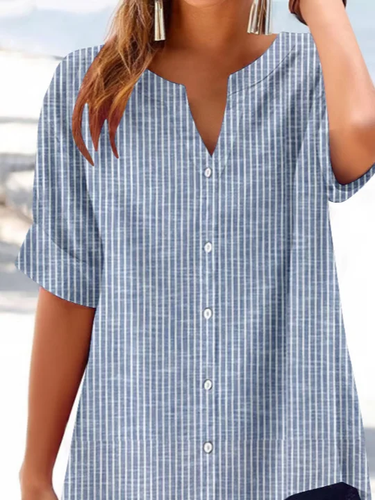 Women Striped Short Sleeve Shirt Summer Printing V Neck Daily Casual Top