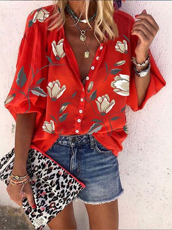Women Floral Three Quarter Sleeve Shirt Spring/Fall Printing Stand Collar Balloon Sleeve Daily Vintage Top