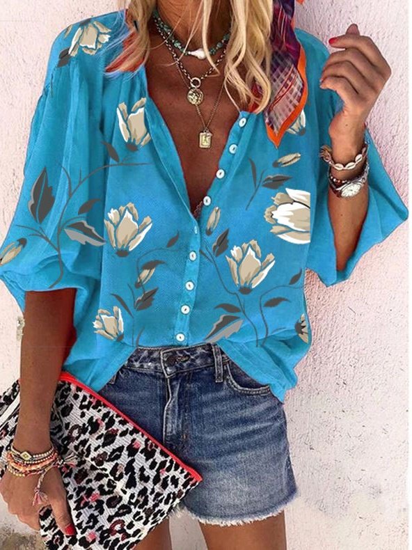 Women Floral Three Quarter Sleeve Shirt Spring/Fall Printing Stand Collar Balloon Sleeve Daily Vintage Top