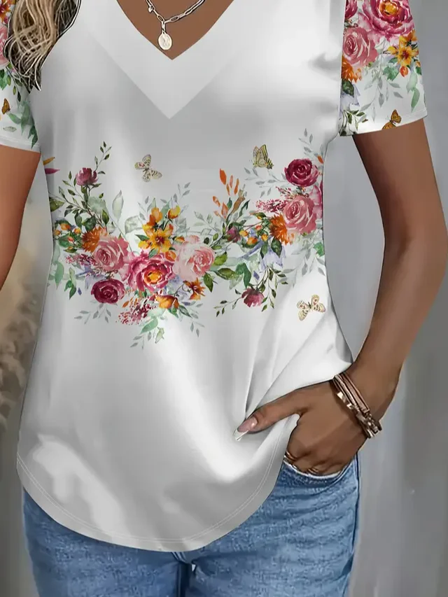 Women Floral Short Sleeve Tee T-shirt V Neck Printing Casual Summer Graphic Tee Top
