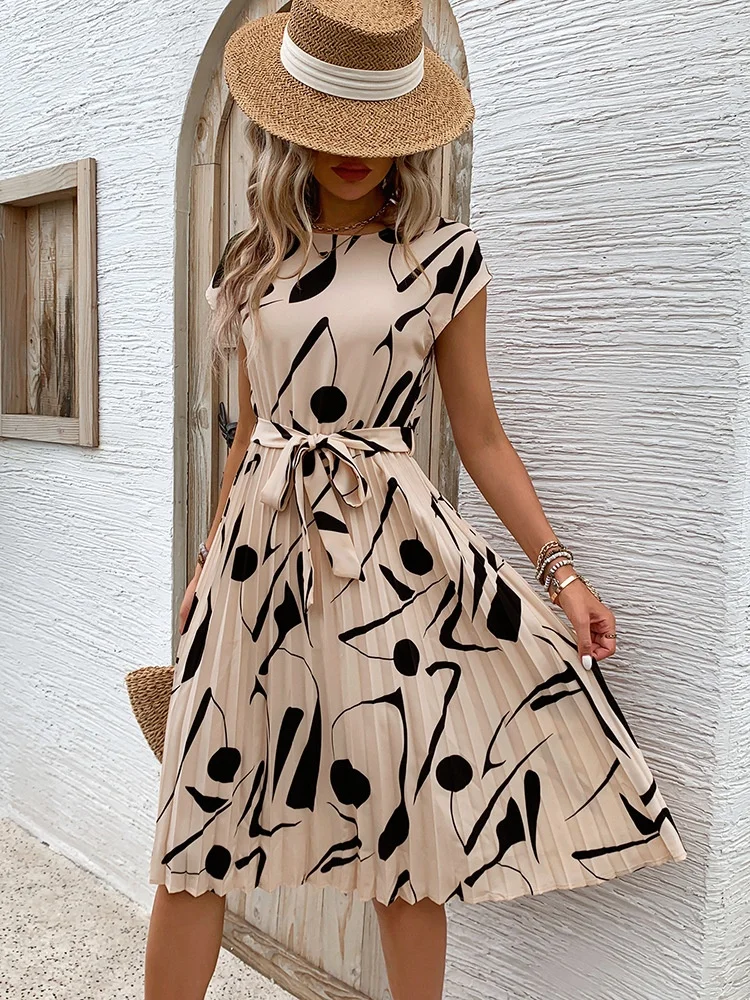 Women Abstract Graphic Short Sleeve Summer Printing Dress V Neck Daily Vintage Midi Tank A-Line Dress