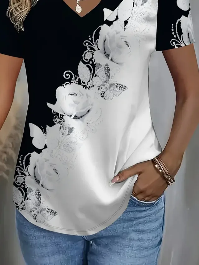 Women Floral Short Sleeve Tee T-shirt V Neck Printing Casual Summer Graphic Tee Top