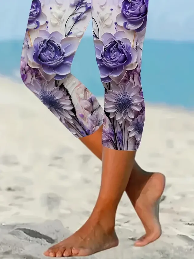 Women Floral Capris Elastic Waist Pants Casual Summer Trousers