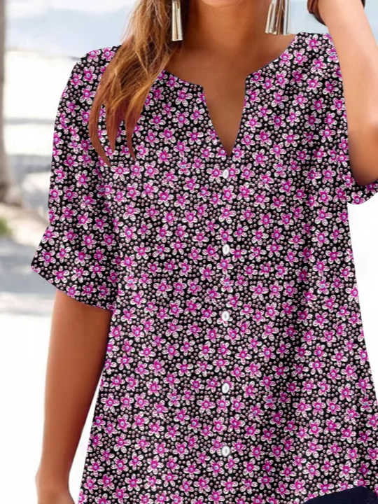 Women Floral Short Sleeve Shirt Summer Printing V Neck Daily Casual Top