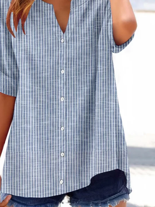 Women Striped Short Sleeve Shirt Summer Printing V Neck Daily Casual Top