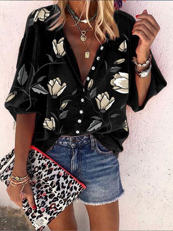Women Floral Three Quarter Sleeve Shirt Spring/Fall Printing Stand Collar Balloon Sleeve Daily Vintage Top