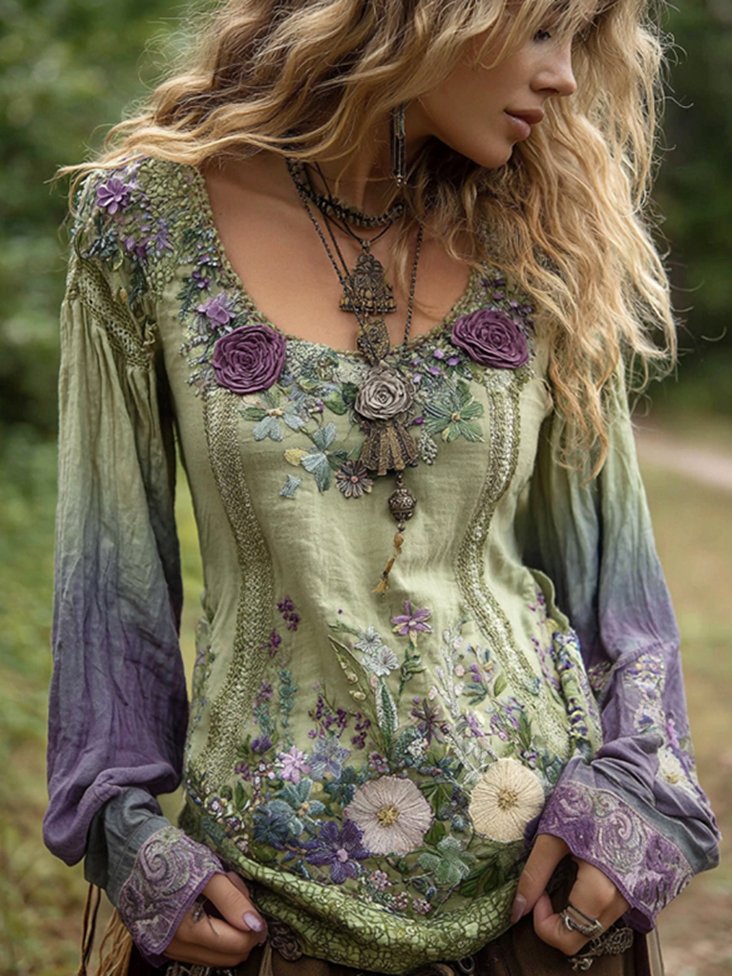 Women Floral Long Sleeve Tee T-shirt Square Neck Casual Spring/Fall Top