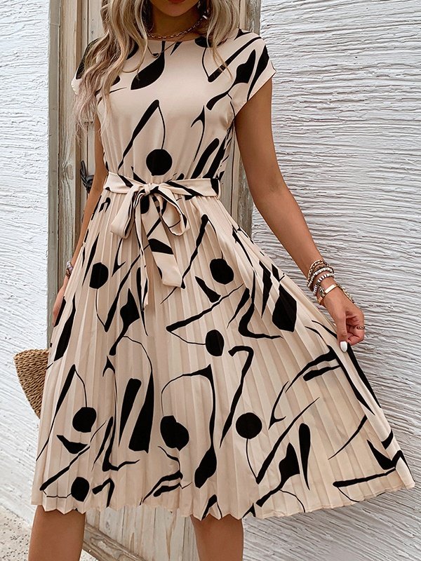 Women Abstract Graphic Short Sleeve Summer Printing Dress V Neck Daily Vintage Midi Tank A-Line Dress