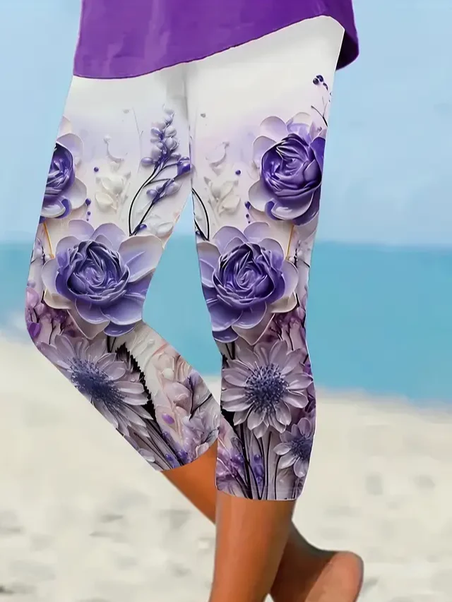 Women Floral Capris Elastic Waist Pants Casual Summer Trousers