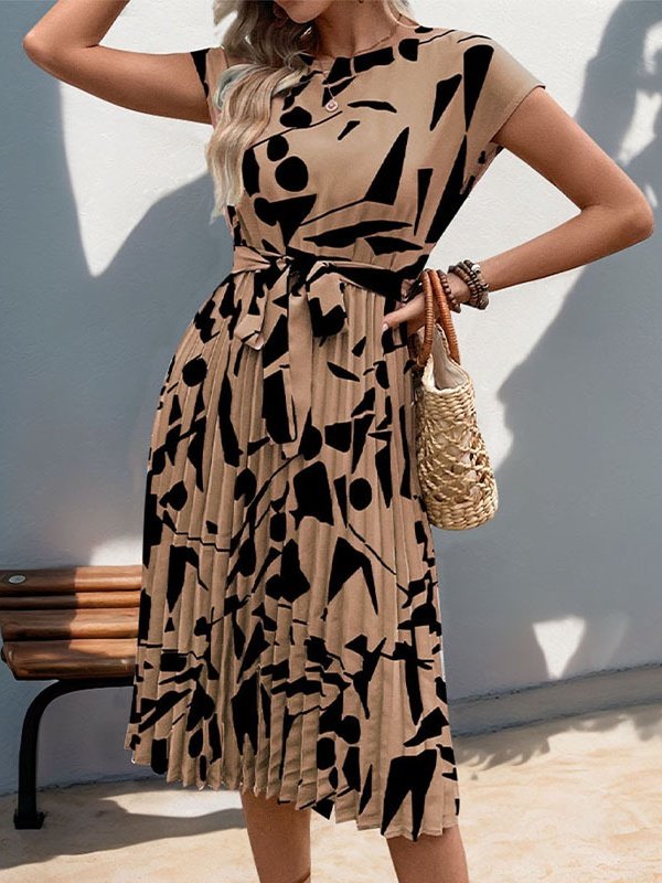 Women Abstract Graphic Short Sleeve Summer Printing Dress V Neck Daily Vintage Midi Tank A-Line Dress
