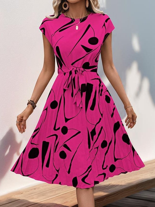 Women Abstract Graphic Short Sleeve Summer Printing Dress V Neck Daily Vintage Midi Tank A-Line Dress
