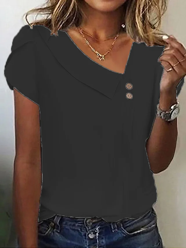Women Striped Short Sleeve Tee T-shirt Asymmetrical Buckle Casual Summer Top