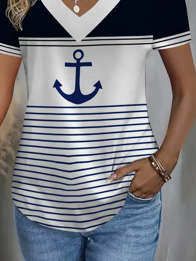 Women Anchor Short Sleeve Tee T-shirt V Neck Printing Casual Summer Graphic Tee Top