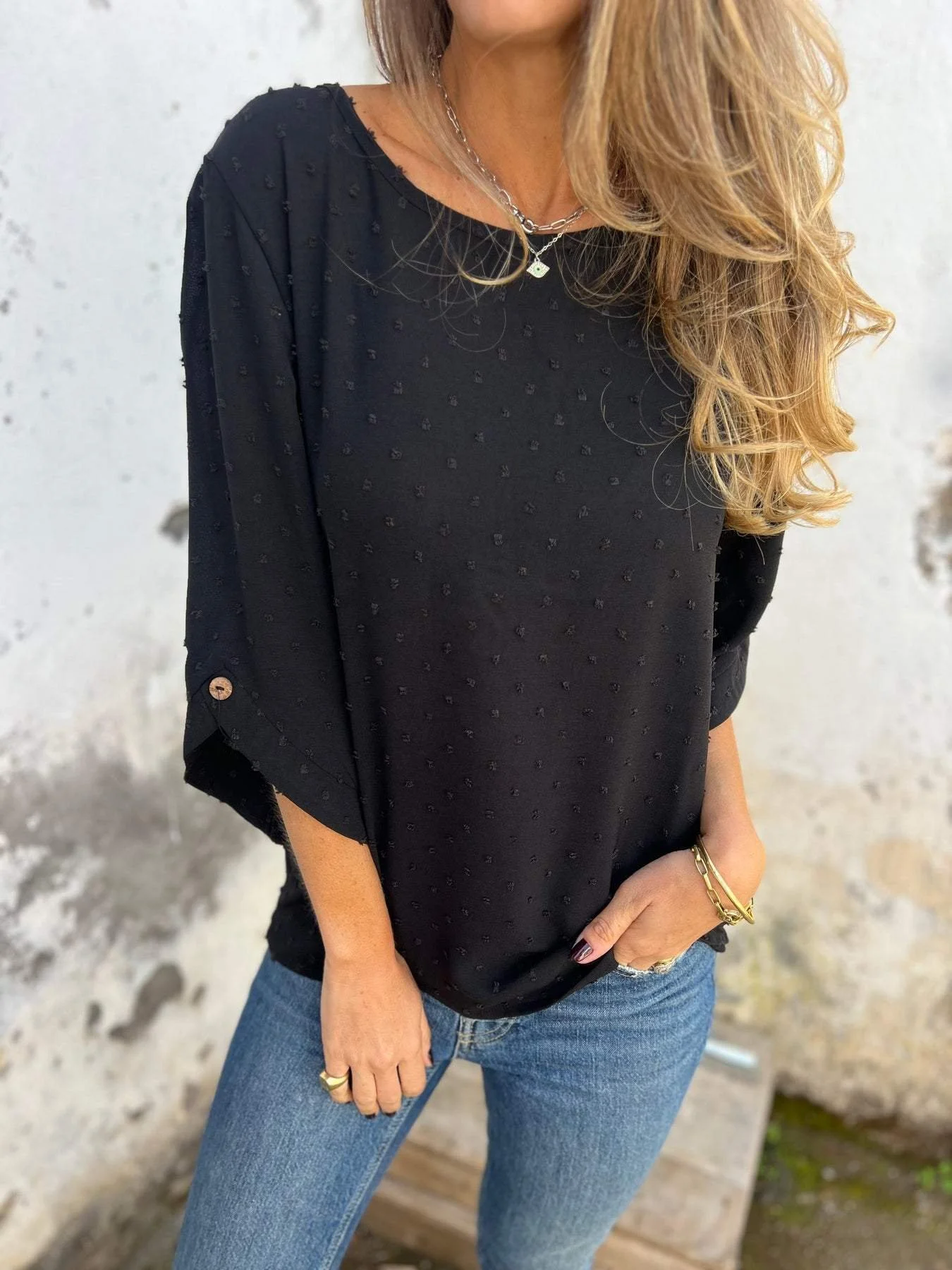Women Polka Dots Three Quarter Sleeve Tee T-shirt Crew Neck Jacquard Casual Spring/Fall Top