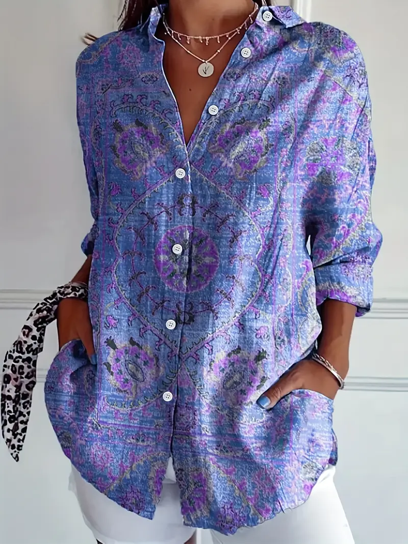 Women Floral Long Sleeve Shirt Spring/Fall Buckle Shirt Collar Regular Sleeve Daily Casual Top