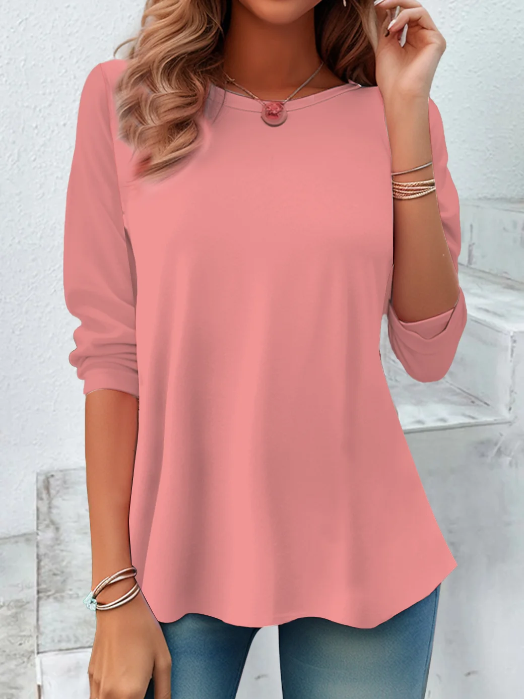 Women Plain Long Sleeve Tee T-shirt Crew Neck Casual Spring/Fall Tunic Top