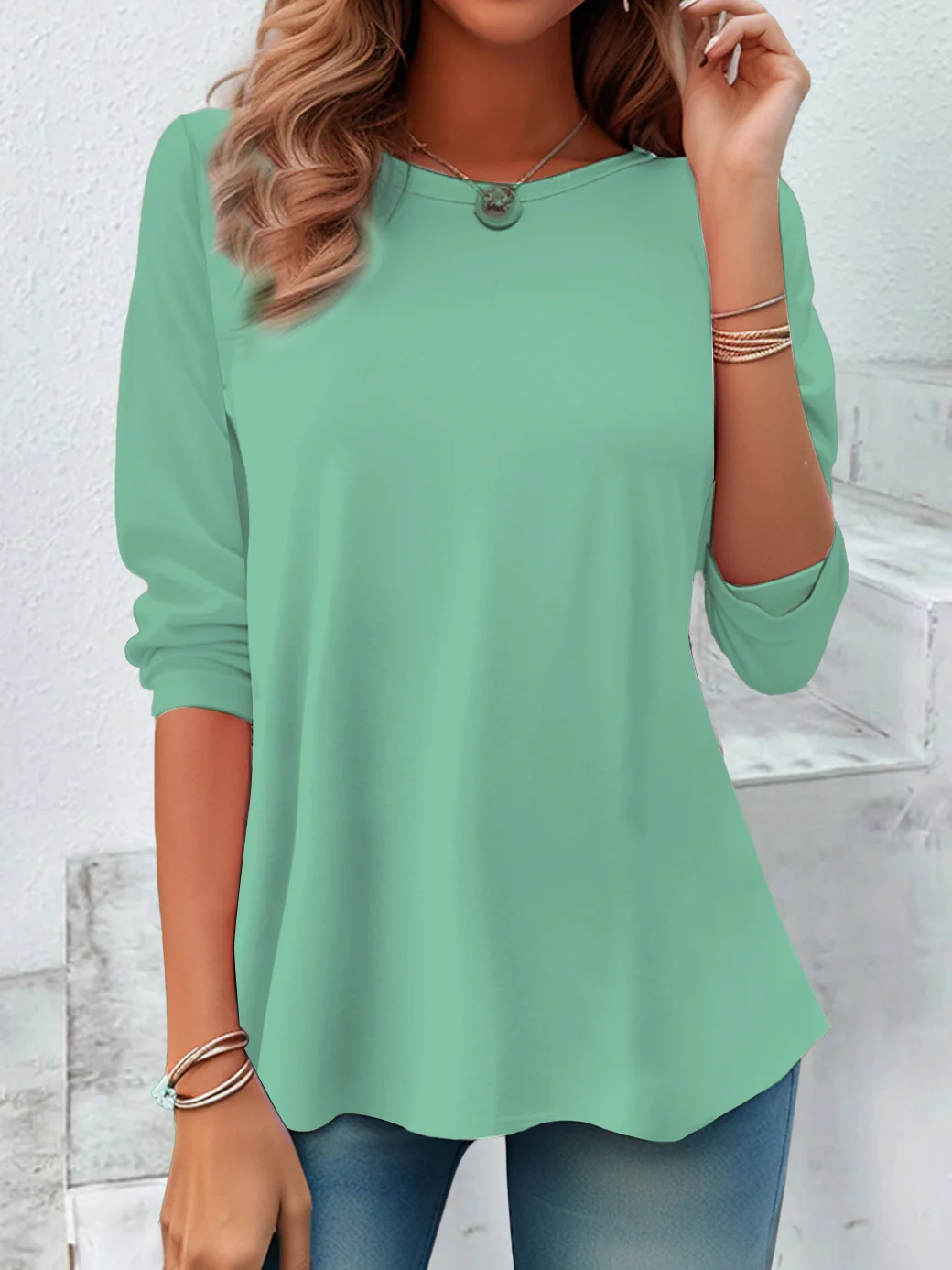 Women Plain Long Sleeve Tee T-shirt Crew Neck Casual Spring/Fall Tunic Top