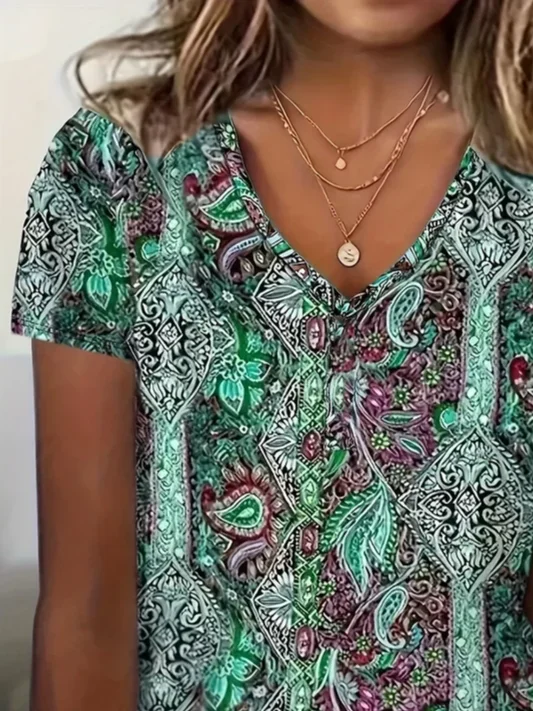 Women Floral Short Sleeve Tee T-shirt V Neck Printing Casual Summer Graphic Tee Top