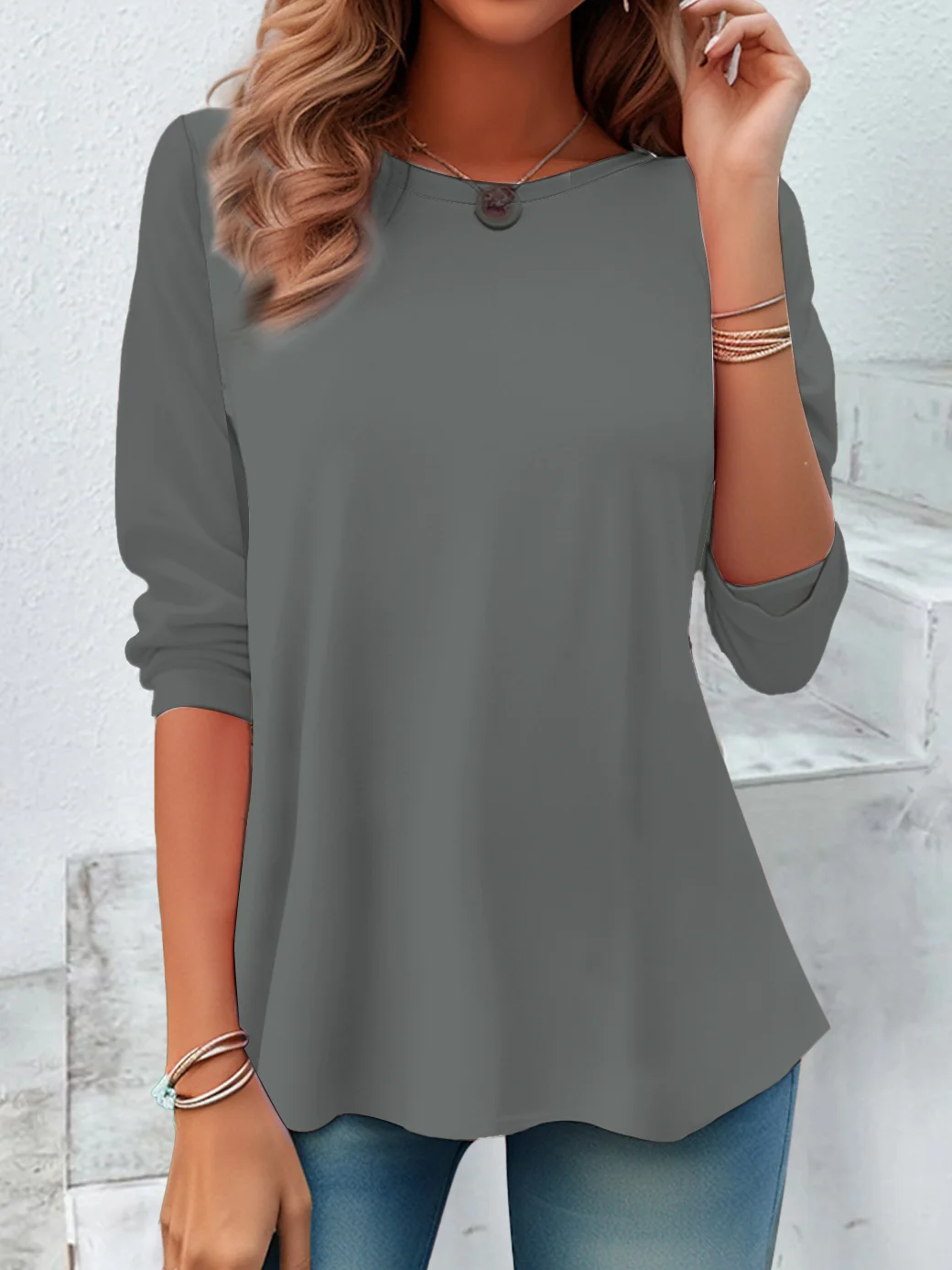 Women Plain Long Sleeve Tee T-shirt Crew Neck Casual Spring/Fall Tunic Top