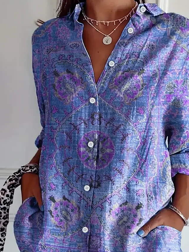 Women Floral Long Sleeve Shirt Spring/Fall Buckle Shirt Collar Regular Sleeve Daily Casual Top