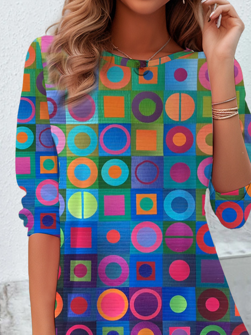 Women Geometric Long Sleeve Tee T-shirt Crew Neck Printing Casual Spring/Fall Tunic Top