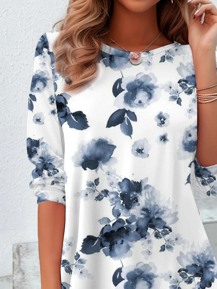 Women Floral Long Sleeve Tee T-shirt Crew Neck Printing Casual Spring/Fall Tunic Top
